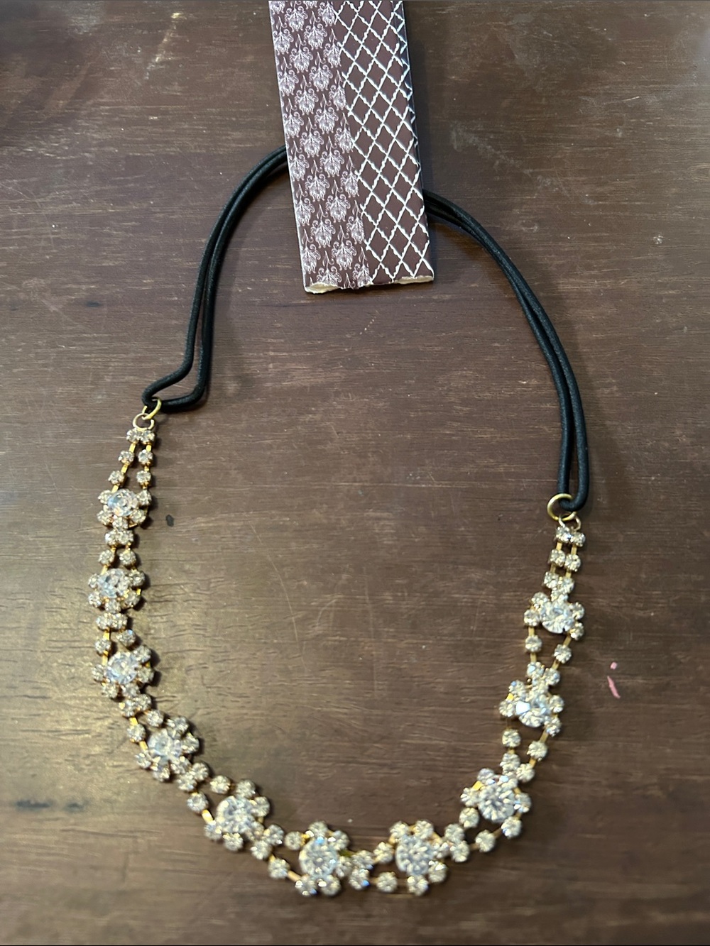 Gold Floral Crystal Necklace with Black Elastic - Women Jewelry